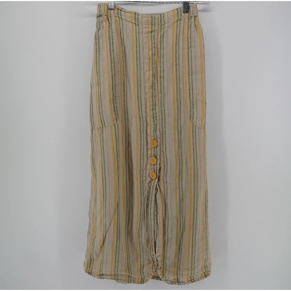 Flax Linen 2 Piece Set Yellow Green Striped Top and Midi Skirt Petite